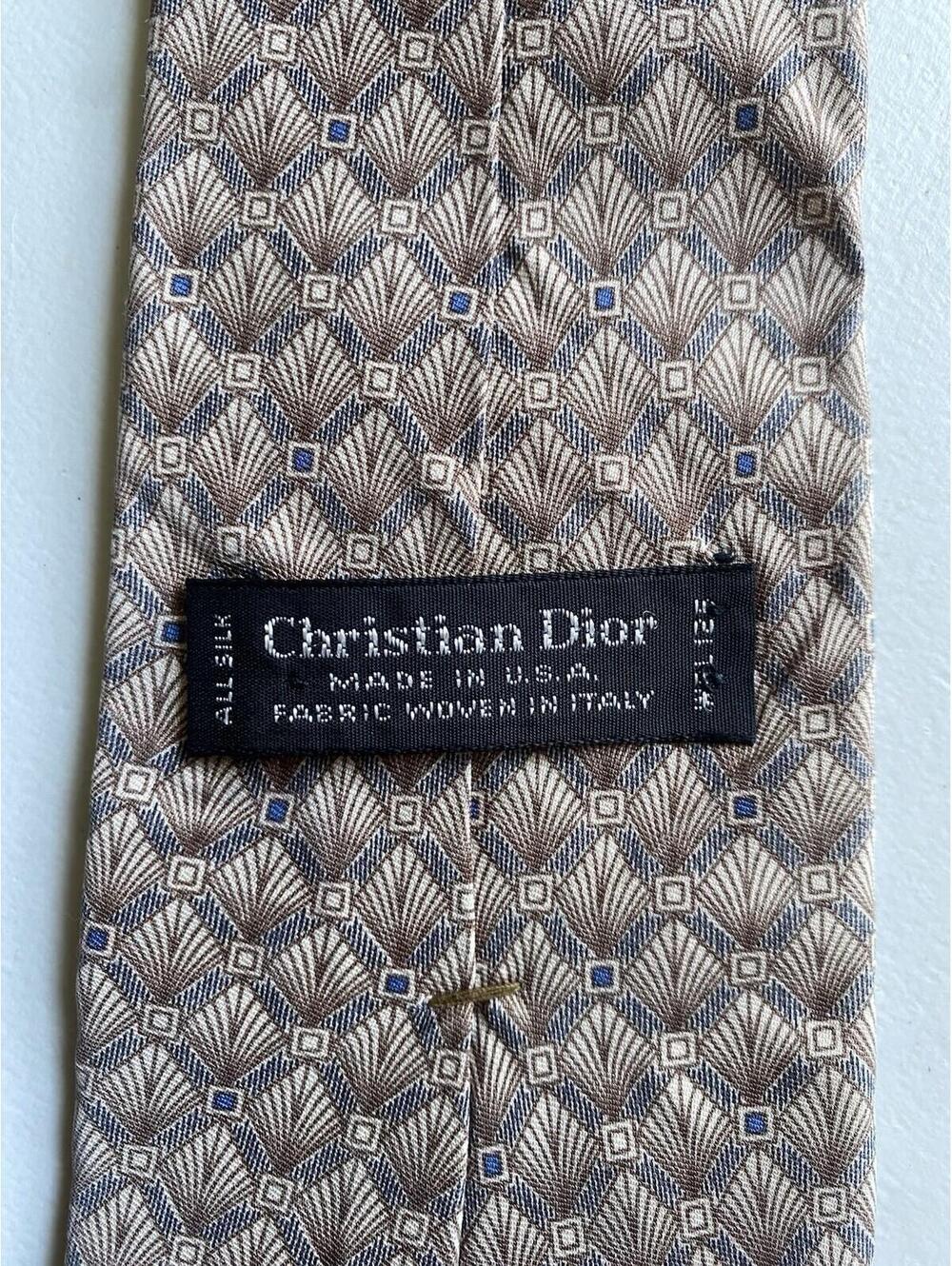 Vintage Christian Dior Silk Tie Art Deco Geometric Fan Taupe Blue Italy Fabric